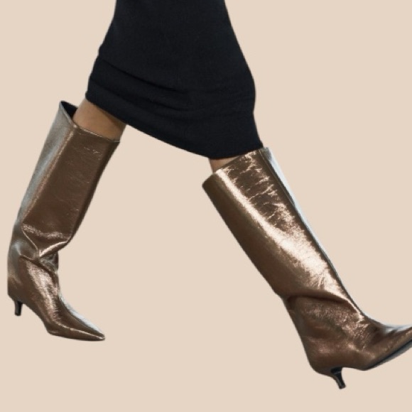 Zara Metallic Golden Bronze Kitten Heel Boots Knee High Size US 6 EU36 NWT - Picture 8 of 15